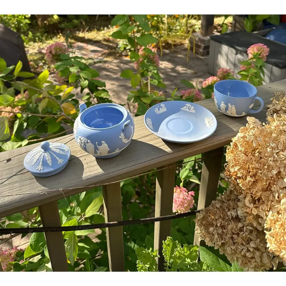 Wedgwood Jasperware tea set-teacup, saucer, sugar bowl England 1957 blue white